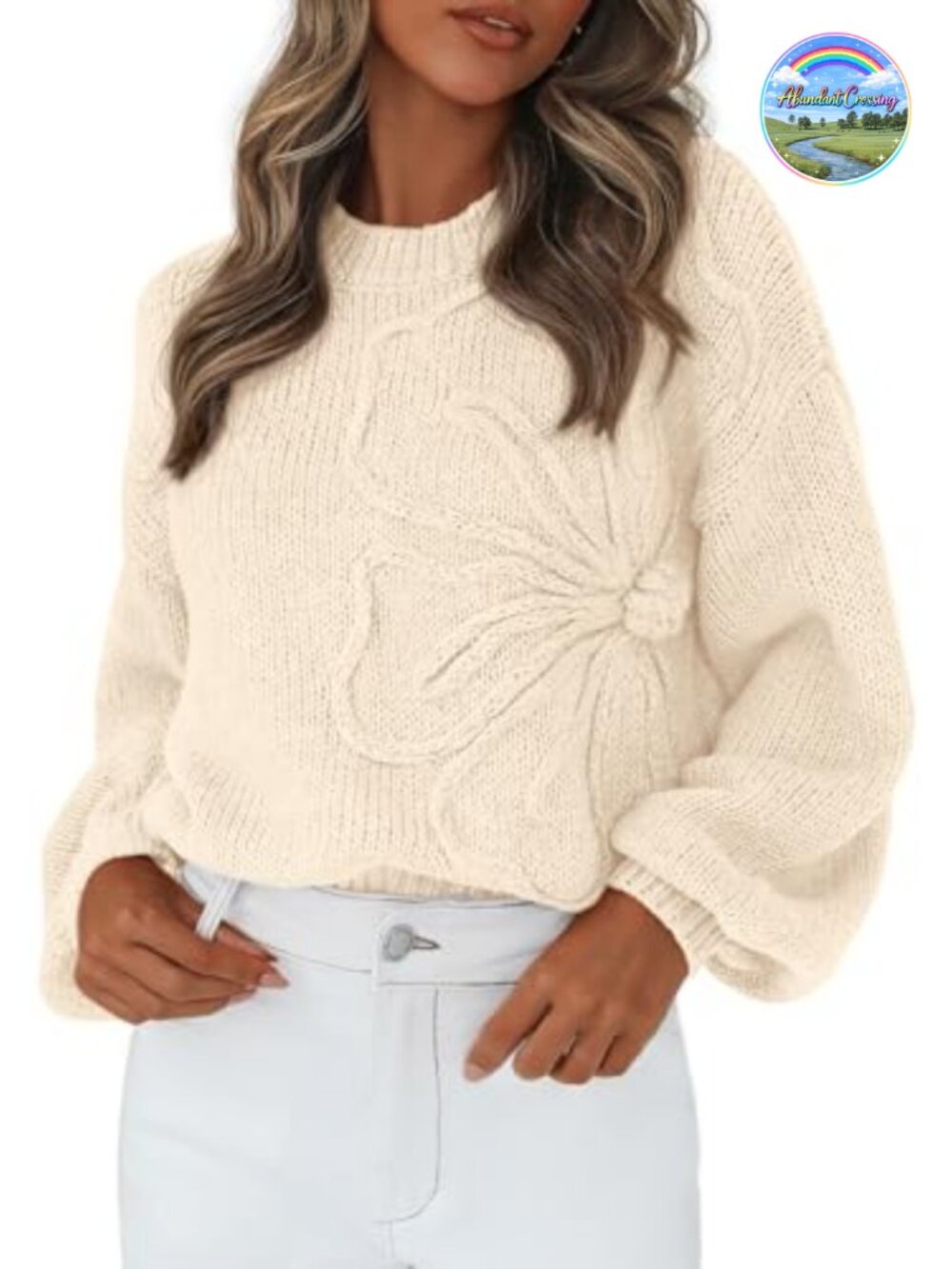 Oversized 3D Floral Knit Sweater Chunky Pullover Crew Neck Lantern Sleeve